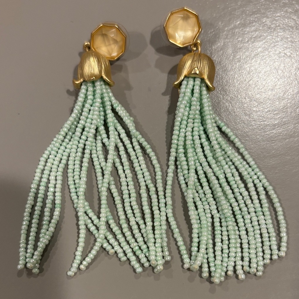 Elegant Gold and Mint Beaded Tassel Earrings